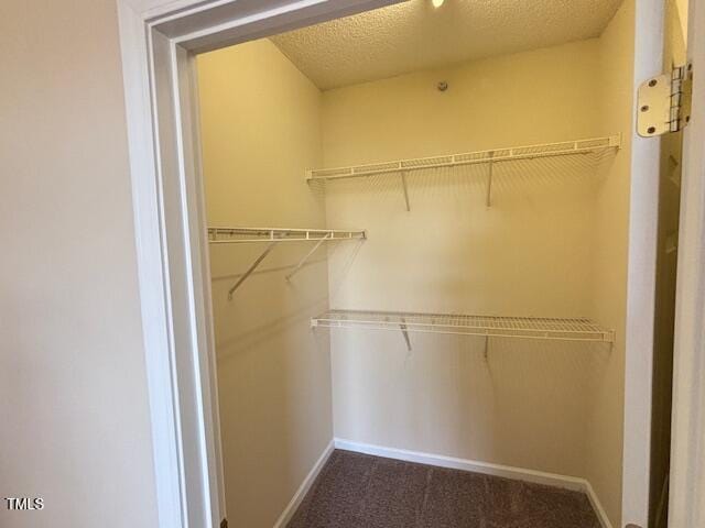 walk in closet featuring dark colored carpet