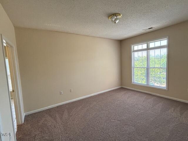 spare room with carpet floors, baseboards, a textured ceiling, and visible vents