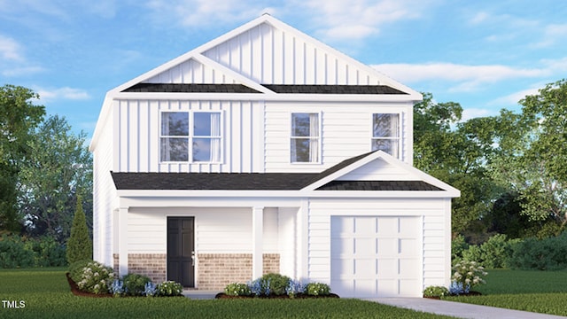 view of front of home featuring brick siding, a garage, board and batten siding, and a front yard