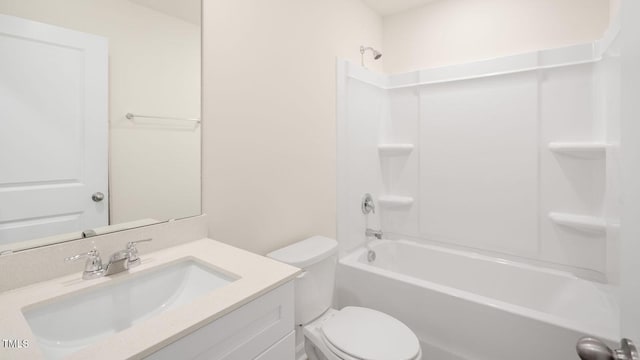 full bath with toilet, shower / tub combination, and vanity