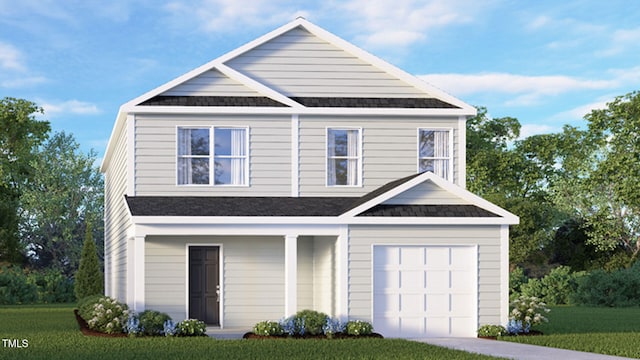 5520 Musket Ct, Raleigh, NC 27610 - view of front of house with a garage, a shingled roof, and a front lawn