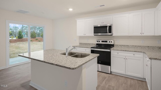 5520 Musket Ct, Raleigh, NC 27610 - kitchen featuring visible vents, appliances with stainless steel finishes, a sink, and light wood-style flooring
