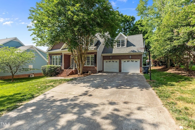 view of front of property with a shingled roof, a front lawn, brick siding, concrete driveway, and covered porch