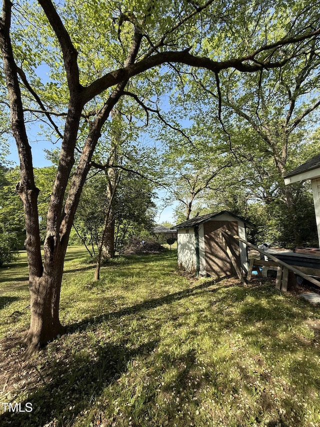 view of yard featuring a storage shed and an outdoor structure