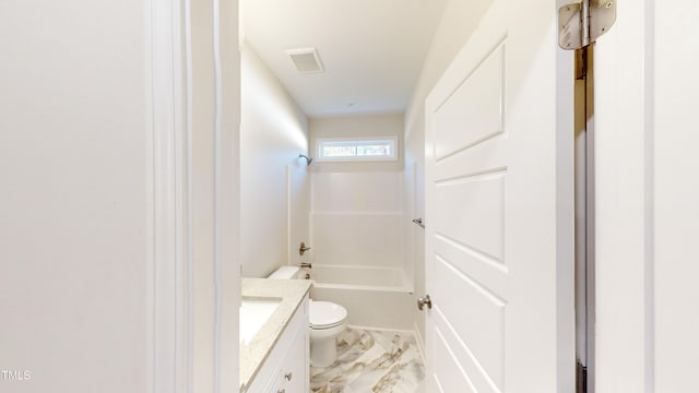 3725 Huntcliff Dr, La Grange, NC 28551 - full bath with visible vents, shower / washtub combination, vanity, toilet, and marble finish floor