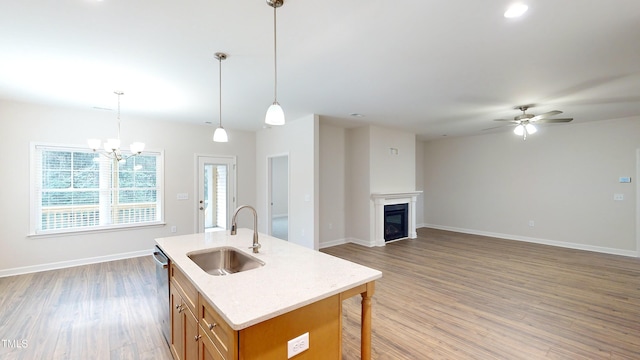 3725 Huntcliff Dr, La Grange, NC 28551 - kitchen featuring a glass covered fireplace, open floor plan, a sink, light wood finished floors, and dishwasher