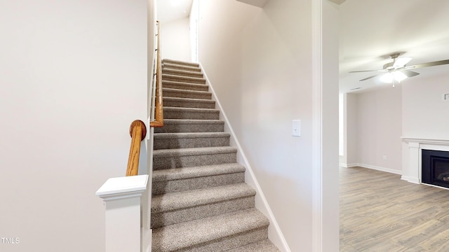 3725 Huntcliff Dr, La Grange, NC 28551 - staircase featuring baseboards, a ceiling fan, wood finished floors, and a fireplace