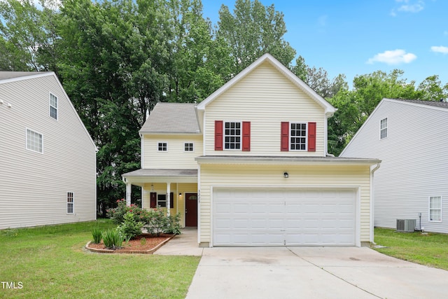 3223 Polite Ln, Raleigh, NC 27610 - traditional-style house featuring central air condition unit, concrete driveway, a front lawn, and an attached garage