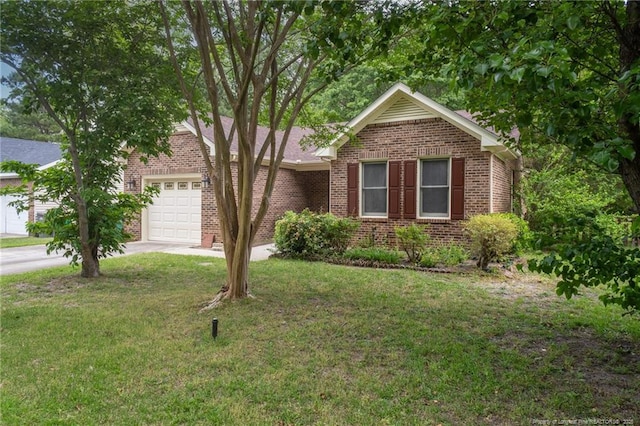 single story home with brick siding, a garage, driveway, and a front yard