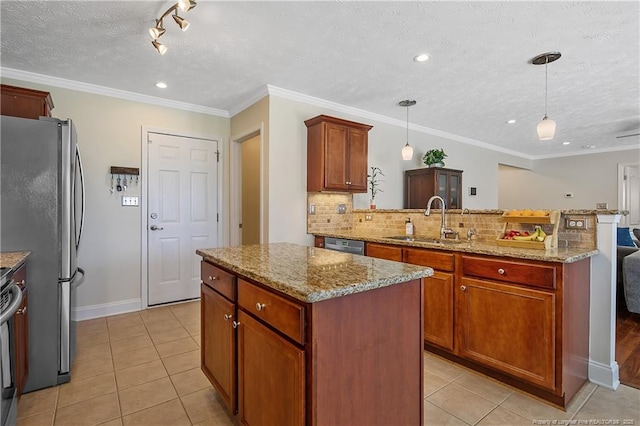 kitchen with a sink, a center island, a peninsula, light tile patterned floors, and tasteful backsplash