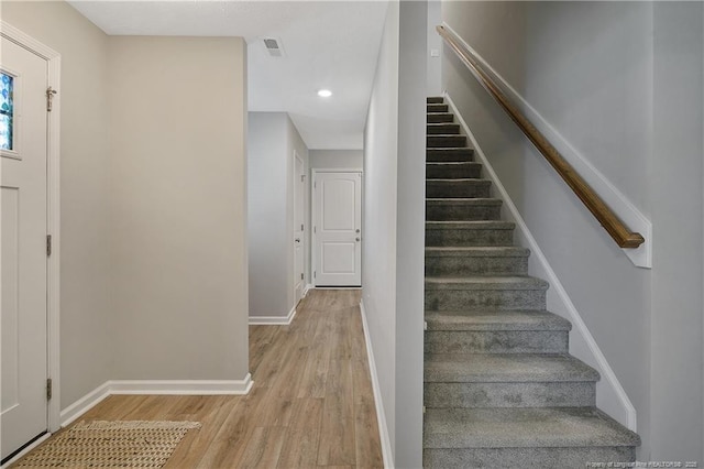 4631 Cedar Pass Dr, Hope Mills, NC 28348 - stairway featuring baseboards, recessed lighting, wood finished floors, and visible vents