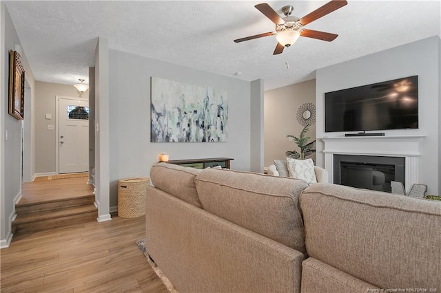 4631 Cedar Pass Dr, Hope Mills, NC 28348 - living room with a ceiling fan, baseboards, a glass covered fireplace, and light wood-style flooring