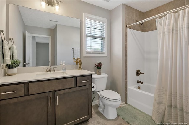 4631 Cedar Pass Dr, Hope Mills, NC 28348 - bathroom featuring vanity, tile patterned flooring, visible vents, shower / bath combination with curtain, and toilet