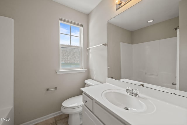 full bath featuring toilet, baseboards, tile patterned flooring, and vanity