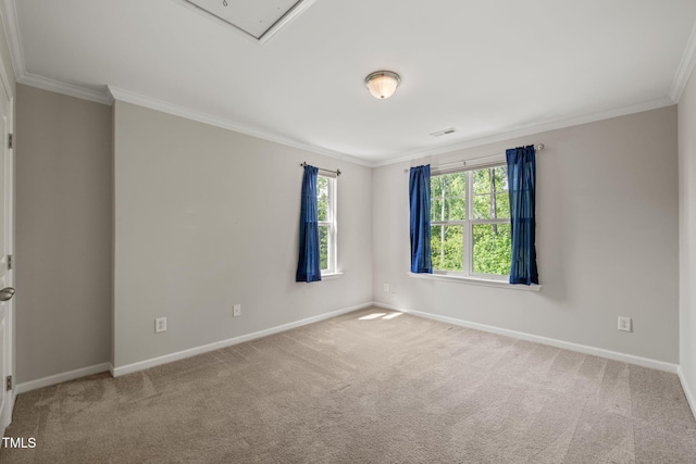unfurnished room featuring crown molding, baseboards, and carpet