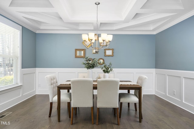 277 High Ridge Ln, Pittsboro, NC 27312 - dining area featuring visible vents, beam ceiling, an inviting chandelier, and coffered ceiling