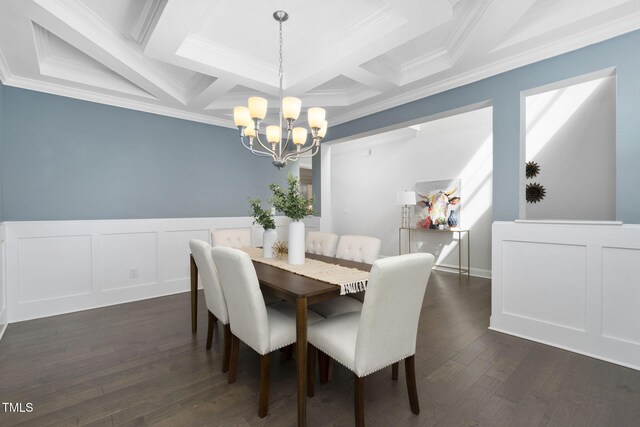 277 High Ridge Ln, Pittsboro, NC 27312 - dining area featuring crown molding, a notable chandelier, a decorative wall, beamed ceiling, and coffered ceiling