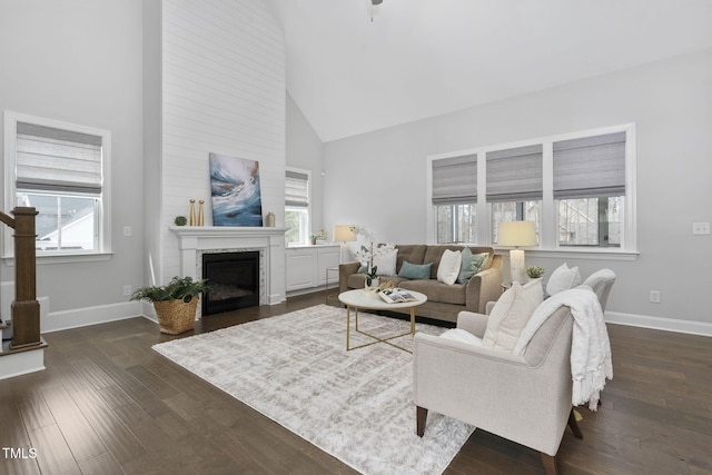 277 High Ridge Ln, Pittsboro, NC 27312 - living room with baseboards, dark wood-style flooring, a fireplace, and high vaulted ceiling