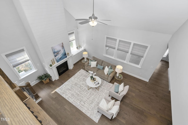 277 High Ridge Ln, Pittsboro, NC 27312 - living area featuring a ceiling fan, high vaulted ceiling, dark wood-style floors, and a wealth of natural light