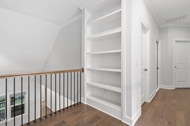 277 High Ridge Ln, Pittsboro, NC 27312 - corridor featuring visible vents, ornamental molding, wood finished floors, and an upstairs landing