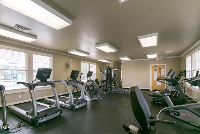 277 High Ridge Ln, Pittsboro, NC 27312 - exercise room with visible vents, ornamental molding, baseboards, and plenty of natural light