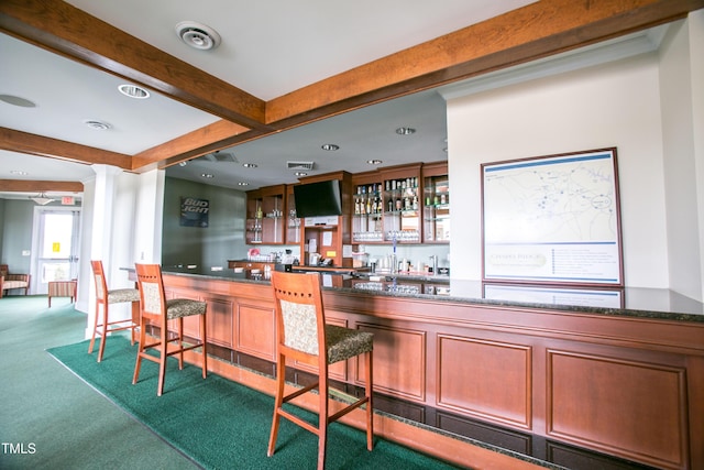 277 High Ridge Ln, Pittsboro, NC 27312 - bar with decorative columns, a community bar, beamed ceiling, carpet, and recessed lighting