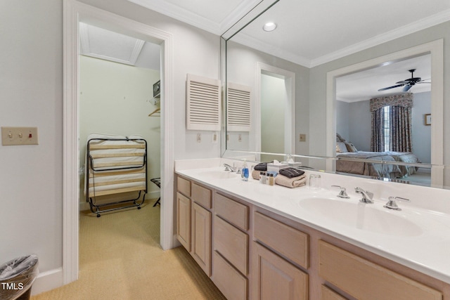 full bathroom featuring double vanity, connected bathroom, ornamental molding, and a ceiling fan