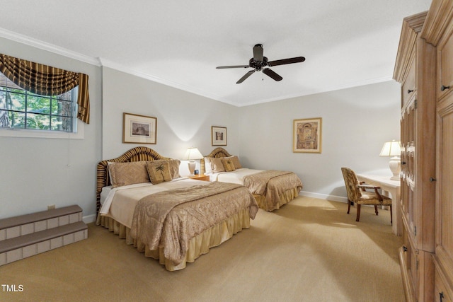 bedroom featuring light carpet, baseboards, crown molding, and ceiling fan