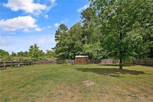 view of yard featuring an outdoor structure, a fenced backyard, and a shed
