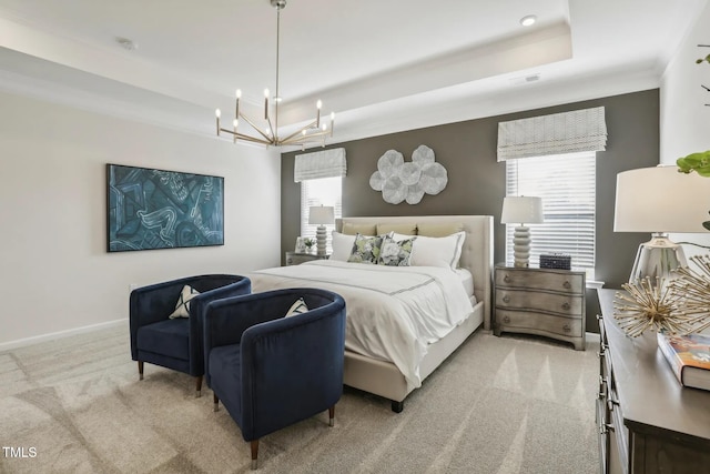 445 Olivia Crossing Ct Unit 22, Four Oaks, NC 27524 - bedroom featuring a raised ceiling, light colored carpet, a chandelier, and baseboards