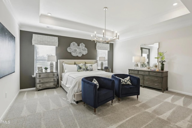 445 Olivia Crossing Ct Unit 22, Four Oaks, NC 27524 - bedroom featuring a tray ceiling, light colored carpet, a chandelier, baseboards, and recessed lighting