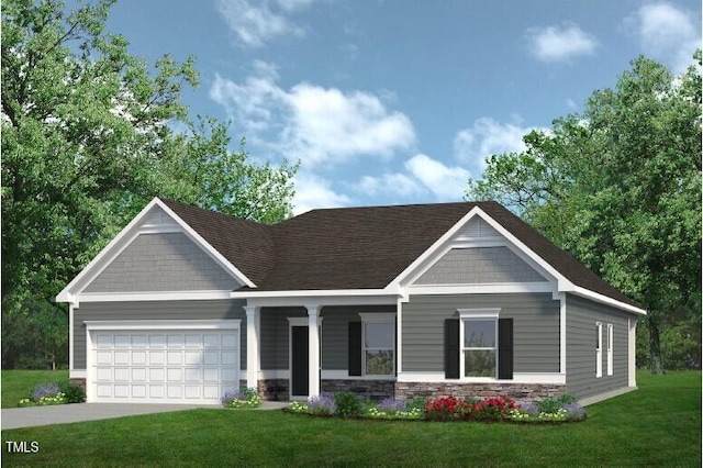 445 Olivia Crossing Ct Unit 22, Four Oaks, NC 27524 - view of front facade with an attached garage, a front yard, driveway, stone siding, and a porch