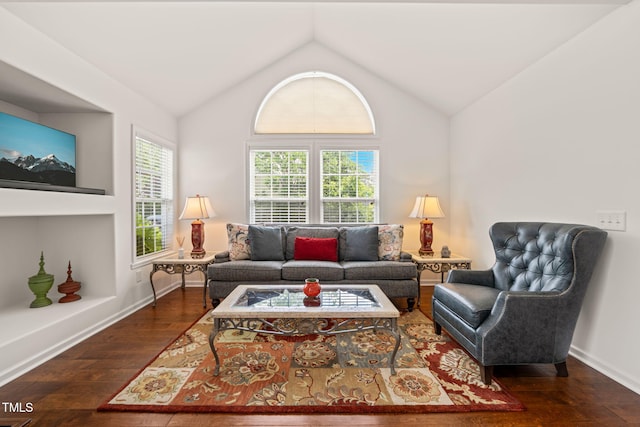 living area featuring baseboards, lofted ceiling, and hardwood / wood-style floors