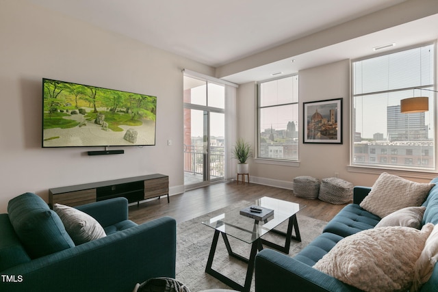 living room with baseboards and wood finished floors