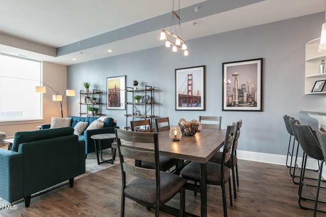 dining space featuring dark wood-type flooring, recessed lighting, and baseboards