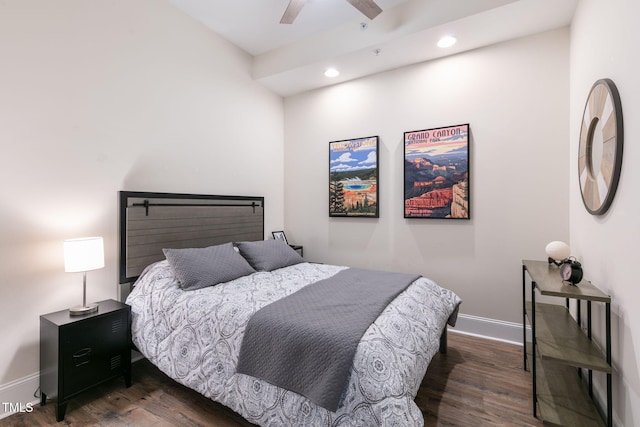 bedroom with baseboards, recessed lighting, a ceiling fan, and wood finished floors