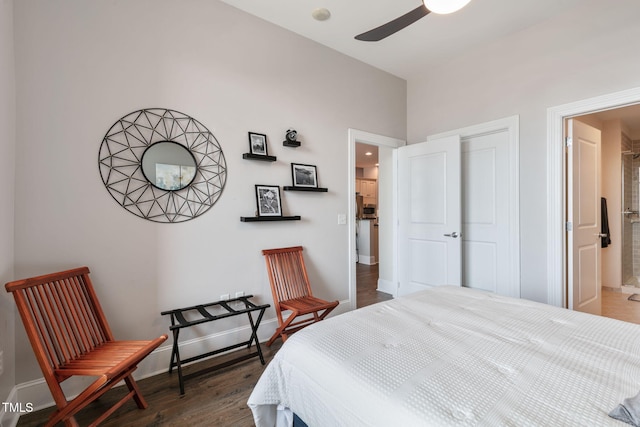 bedroom featuring baseboards, ceiling fan, and wood finished floors