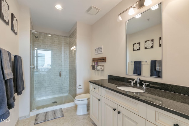 bathroom featuring vanity, toilet, visible vents, and a stall shower