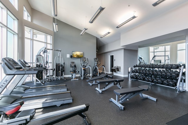 gym featuring high vaulted ceiling and baseboards