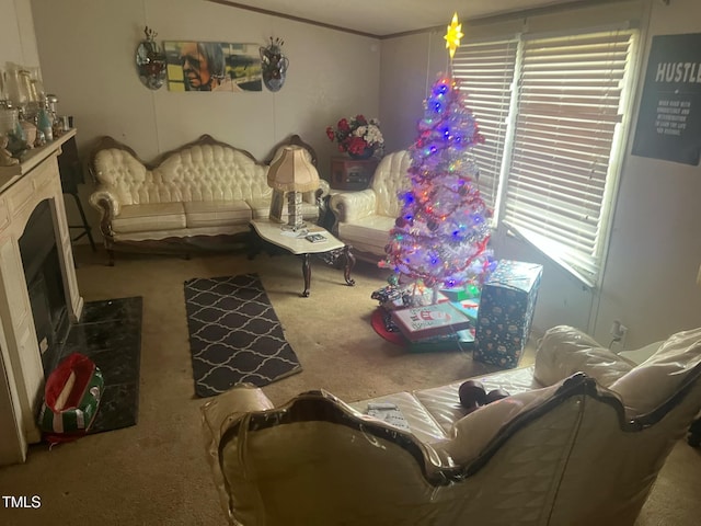 living area featuring carpet floors and a fireplace