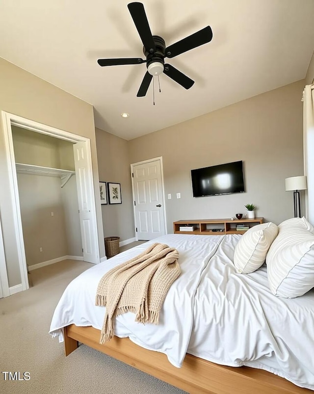 5029 Carole Dr, Wilson, NC 27893 - bedroom with a closet, baseboards, light colored carpet, ceiling fan, and recessed lighting