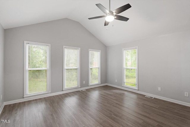 5613 Deerborn Dr, Apex, NC 27539 - empty room with dark wood finished floors, baseboards, lofted ceiling, and a ceiling fan