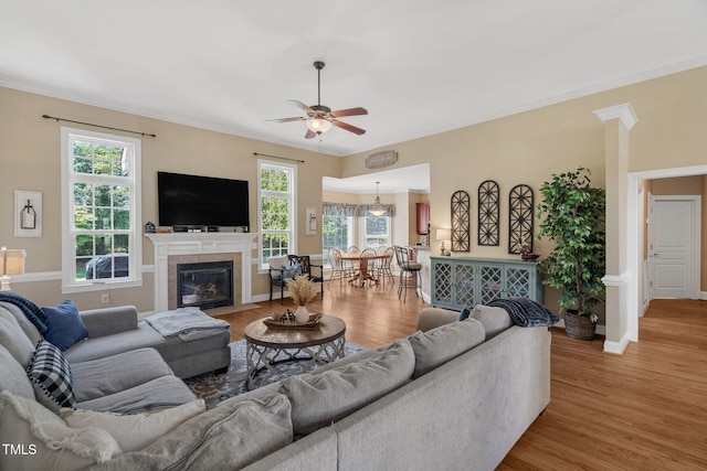 95 Live Oak Dr, Louisburg, NC 27549 - living room featuring a ceiling fan, wood finished floors, crown molding, a tiled fireplace, and baseboards