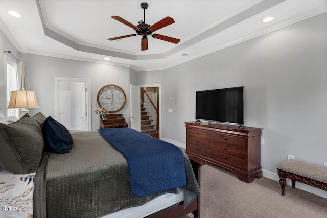 95 Live Oak Dr, Louisburg, NC 27549 - bedroom with carpet, a raised ceiling, baseboards, crown molding, and a ceiling fan