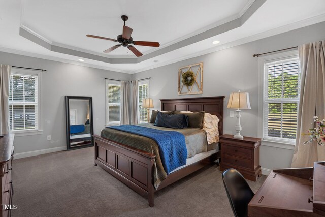 95 Live Oak Dr, Louisburg, NC 27549 - carpeted bedroom featuring a tray ceiling, multiple windows, ornamental molding, baseboards, and ceiling fan