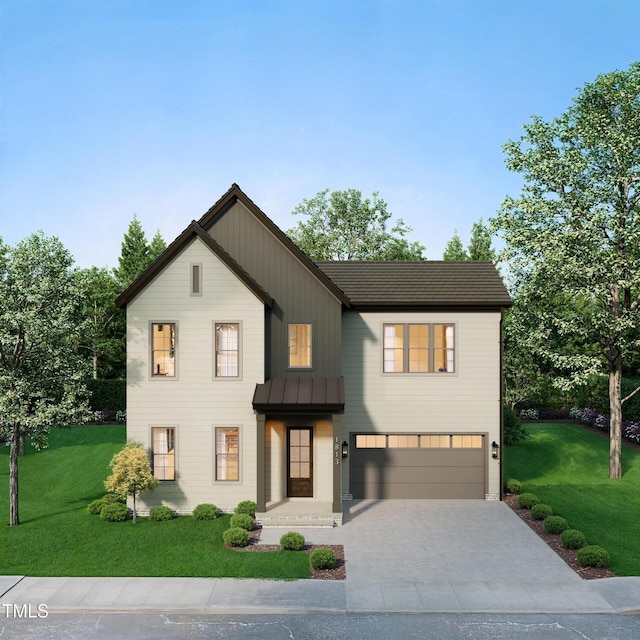 1813 Bennett St, Raleigh, NC 27604 - modern farmhouse style home featuring an attached garage, a front lawn, driveway, a standing seam roof, and board and batten siding
