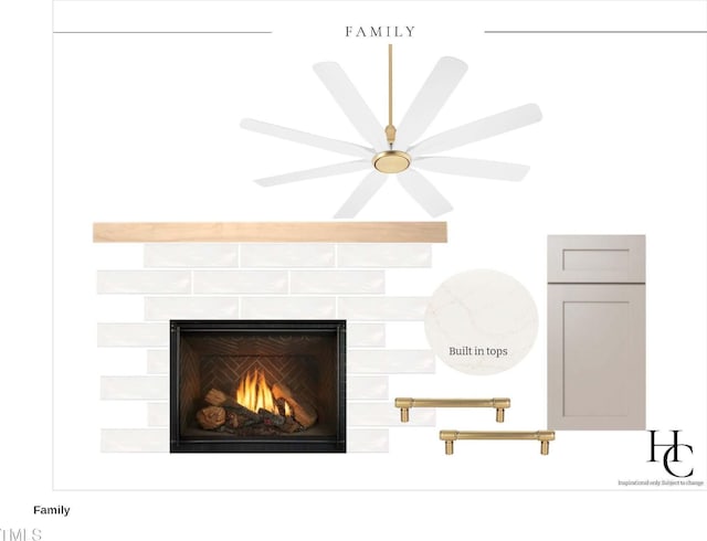 1813 Bennett St, Raleigh, NC 27604 - detailed view of a warm lit fireplace and ceiling fan
