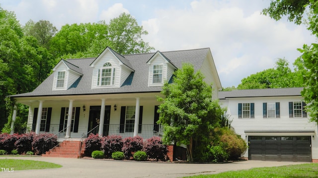cape cod home with covered porch, an attached garage, driveway, and roof with shingles
