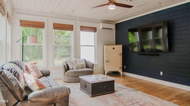 living area featuring a healthy amount of sunlight, wooden ceiling, and a wall unit AC