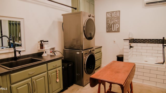clothes washing area with a sink, a wall unit AC, and stacked washer / drying machine